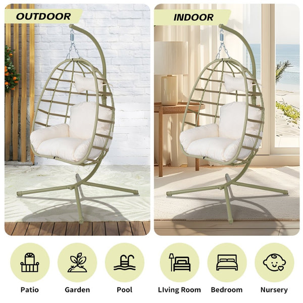 English Elm Egg Hanging Chair with Stand Pe Rattan Swing Seat Washable Cushion Patio Bedroom T5880P497436
