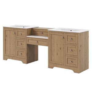 English Elm 84" Double Sink Vanity with Stone Countertop Six Soft Close Drawers and Silver Knobs Wood N817P404196B