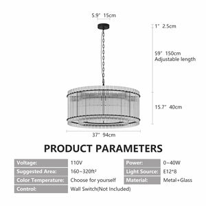 English Elm 37" Modern Round Crystal Chandelier, 2-Tier 8-Light LED Semi-Flush, Dimmable Touch Control, Adjustable Height Black W1340P332559
