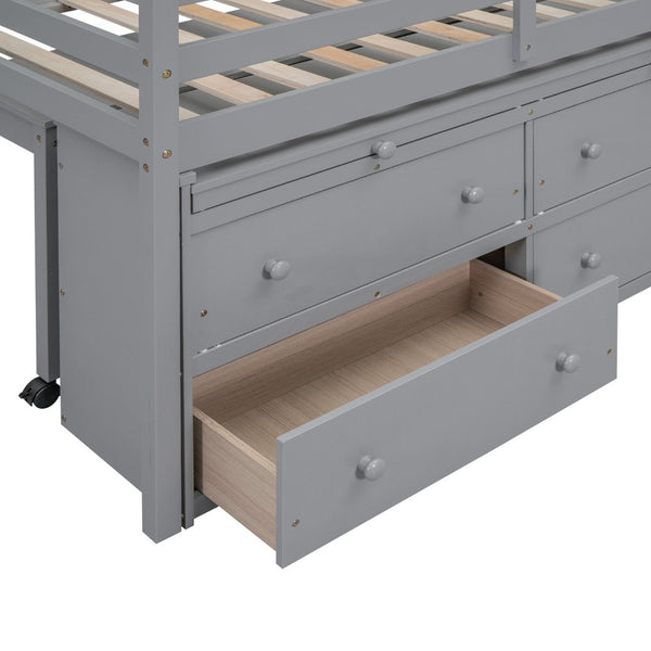 English Elm Twin Loft Bed Pinewood Frame Four Drawers Retractable Study Desk Kids Bedroom Gray LT000368AAE