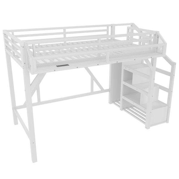 English Elm Full Xl Over Twin Triple Metal Bunk Bed with Storage Stairs and Shelves Black White W1580S00408