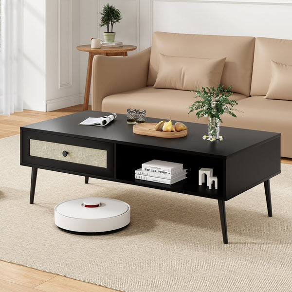 English Elm Mid-Century 47" Rectangle Console Coffee Table with Rattan Drawer & Open Shelf, Metal Legs, Black - Stylish Storage and Durable Design T3623P379996