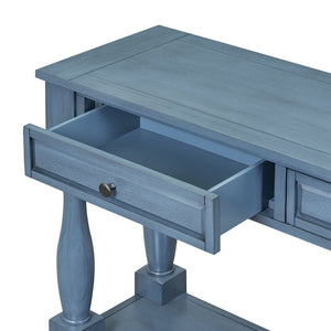 English Elm Trexm Distressed Entryway Console Table Three Drawers Open Shelf Mediterranean Wood Navy N715P372052M
