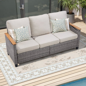 English Elm 73.2" Outdoor Handwoven Rattan 3 Seat Sofa with Olefin Cushions for Porch or Patio Beige T3773P418279