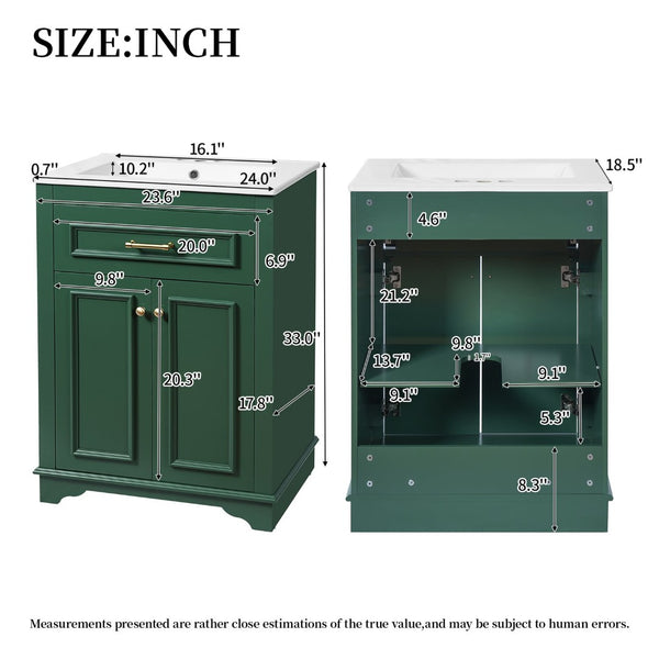 English Elm 24" Matte Single Sink Vanity Solid Poplar Frame Gold Hardware Soft Close Cabinet Green N710P389449F