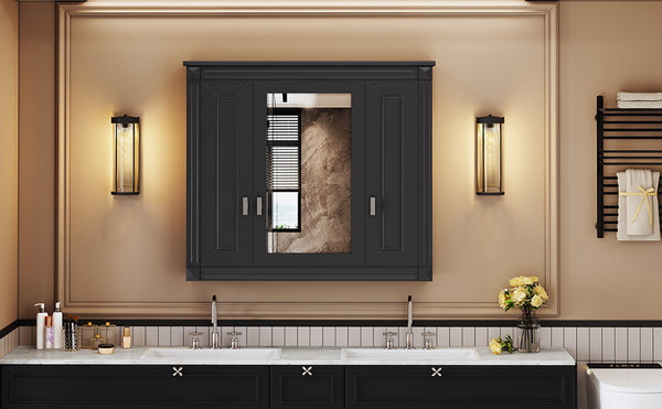 English Elm Bathroom Wall Cabinet with Mirror and 5 Shelves — Wall-Mounted Medicine Cabinet, Modern Storage Solution Black N710P252503B