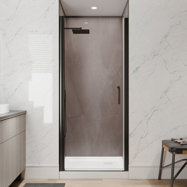 English Elm 32-34 in Frameless Pivot Shower Door Clear Tempered Glass with Matte Black Hardware W63777029