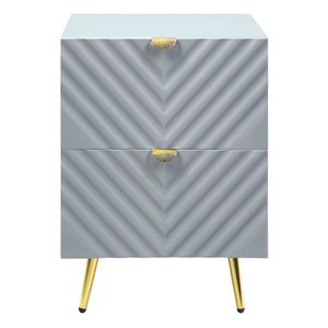 English Elm Grey High Gloss Wave Nightstand with Gold Accents, 2 Drawers, Metal Legs — Modern Textured Storage B062P186417