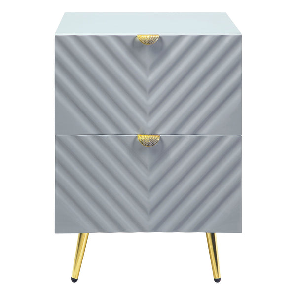 English Elm Grey High Gloss Wave Nightstand with Gold Accents, 2 Drawers, Metal Legs — Modern Textured Storage B062P186417