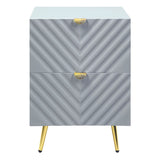 Modern Grey High Gloss 2-Drawer Nightstand with Wave Pattern Design & Gold Accents - 20.50 x 18.50 x 25.50