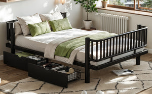 English Elm Full Size Metal Platform Storage Bed Low Profile Steel Frame with Built-in Drawers Black W5305P471350