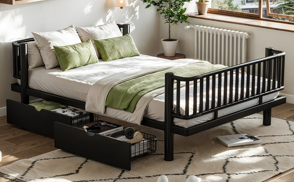 English Elm Full Size Metal Platform Storage Bed Low Profile Steel Frame with Built-in Drawers Black W5305P471350