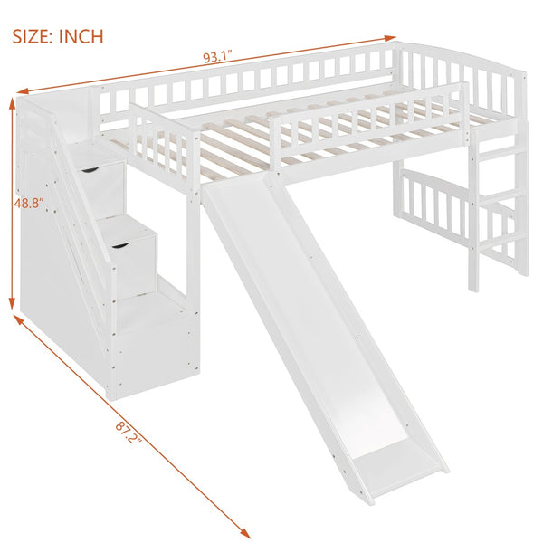 English Elm Stairway Twin Loft Bed with Storage Staircase Slide and Guardrails for Kids White LT000515AAK-1