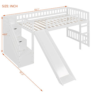 English Elm Stairway Twin Loft Bed with Storage Staircase Slide and Guardrails for Kids White LT000515AAK-2