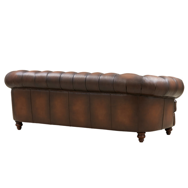 English Elm Newport Hand-Finished Leather Sofa with Nailhead Trim, Serpentine Front Rail & Turned Wood Legs B2705P211810
