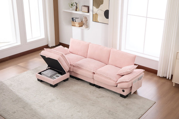English Elm Sectional Cloud Sofa Modular Deep Seat Corduroy Upholstered Living Room Couch with Storage Pink W395S00131