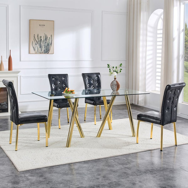 English Elm 71-inch Tempered Glass Dining Table Electroplated Metal Base Open Airy Modern Style Gold W3875S00006