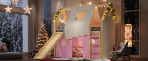 English Elm Twin Pine Loft Bed with House Frame Tent Led Lights Slide and Floor Space Below W1580S00289