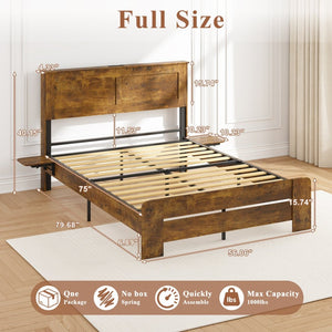 English Elm Farmhouse Full Platform Bed with Led Headboard Shelf Charging Station Rustic Wood W1550P366927