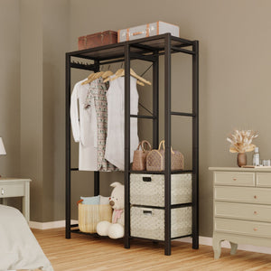 English Elm Acacia Wood Garment Rack with Shelves, 2 Wicker Drawers, 4 Hooks & 300lb Capacity — Light Gray W2391P290024