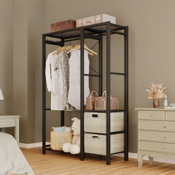 English Elm Acacia Wood Garment Rack with Shelves, 2 Wicker Drawers, 4 Hooks & 300lb Capacity — Light Gray W2391P290024