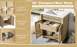 English Elm Christopher Knight Home® - 30-Inch Walnut Vanity with Seashell Resin Sink, Flip-Up Organizer, Soft-Close Doors & Legs Natural Wood N765P33418384B