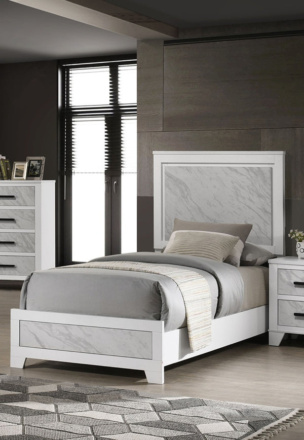 English Elm Contemporary White Twin Bed With Faux Marble Headboard - Stylish Rubberwood Frame Furniture Set B2741S00713