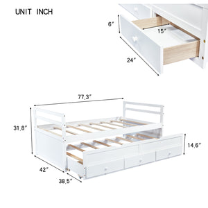 English Elm Twin Twin Size Bed with Trundle and Three Storage Drawers, Space-Saving Pine Frame with Classic Headboard White W504P197162