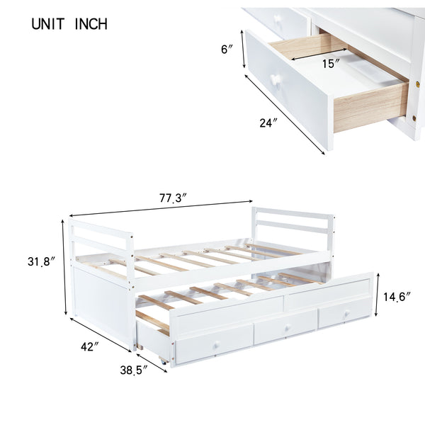 English Elm Twin Twin Size Bed with Trundle and Three Storage Drawers, Space-Saving Pine Frame with Classic Headboard White W504P197162