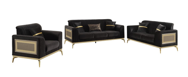 English Elm Antigua Glam 3 Piece Living Room Sofa Set with Plush Cushions and Gold Tone Accents Black+Gold B009S02175