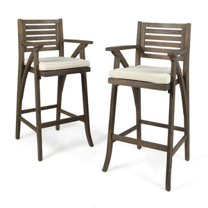 English Elm Christopher Knight Home® - HERMOSA Acacia 30" Outdoor Bar Stool Set of 2 with Weather-Resistant Cushions and Ladder-Back Design Grey 59244.00GRYMP2