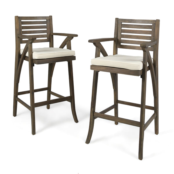 English Elm Christopher Knight Home® - HERMOSA Acacia 30" Outdoor Bar Stool Set of 2 with Weather-Resistant Cushions and Ladder-Back Design Grey 59244.00GRYMP2