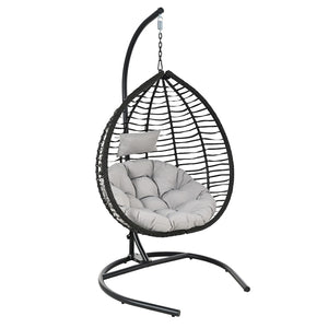 English Elm U_style Wicker Hanging Egg Chair with Stand Foldable Indoor Outdoor Swing Seat Black+ Gray N711P389502E