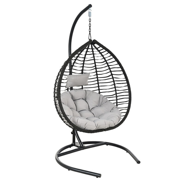 English Elm U_style Wicker Hanging Egg Chair with Stand Foldable Indoor Outdoor Swing Seat Black+ Gray N711P389502E