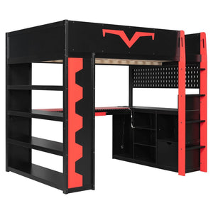 English Elm Full Size Gaming Loft Bed with Desk Rgb Lighting Power Outlet and Storage Drawer Red LT000285AAJ