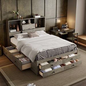 English Elm Queen Platform Bed Solid Pine Frame with Storage Headboard and Eight Organizer Drawers Gray GX000453AAE-1