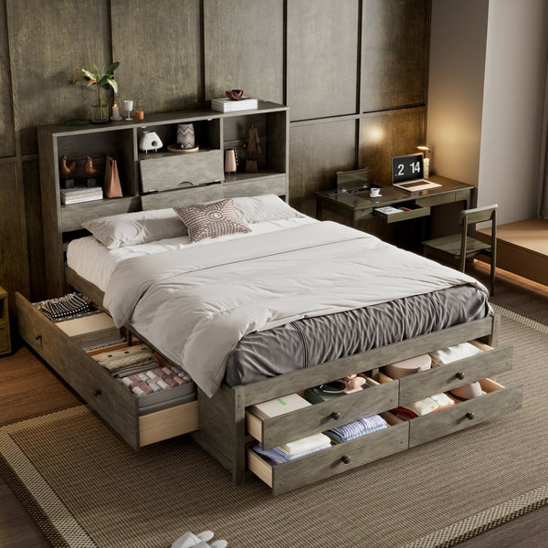 English Elm Queen Platform Bed Solid Pine Frame with Storage Headboard and Eight Organizer Drawers Gray GX000453AAE-1