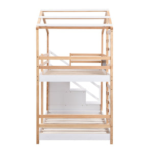 English Elm Twin Over Solid Pine House Bunk Bed with Blackboard Storage Staircase W495S00012