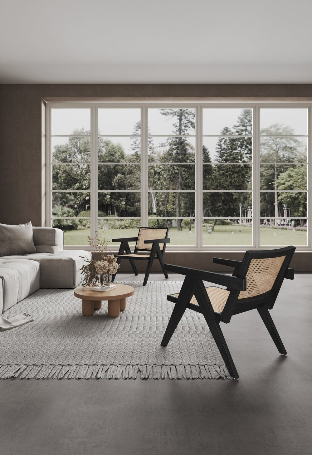 English Elm Hamlet Cane Back Wood Accent Armchair with Solid Ash Frame, Authentic Rattan Seat, Fully Assembled Black+Natural B365P398409