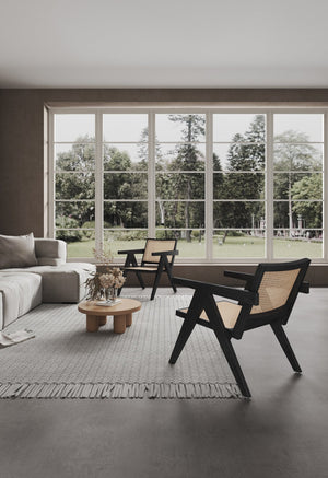 English Elm Hamlet Cane Back Wood Accent Armchair with Solid Ash Frame, Authentic Rattan Seat, Fully Assembled Black+Natural B365P398409