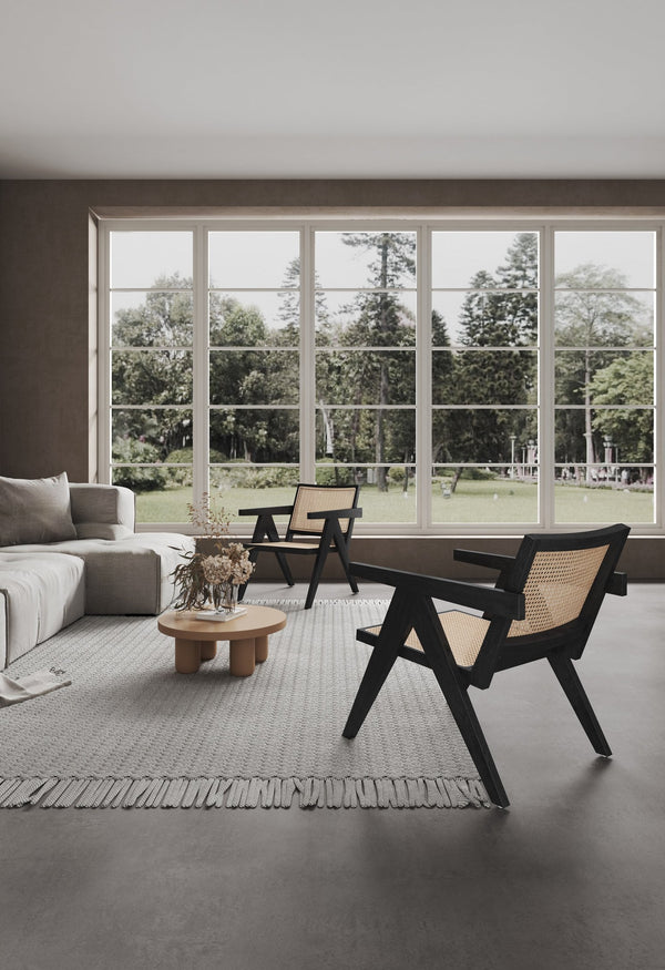 English Elm Hamlet Cane Back Wood Accent Armchair with Solid Ash Frame, Authentic Rattan Seat, Fully Assembled Black+Natural B365P398409