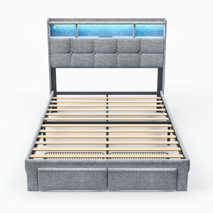 English Elm Full LED Linen Bed Frame with Headboard Storage, 2 Drawers, Fast Charging Ports & Nightlight Ambiance W1550P190364