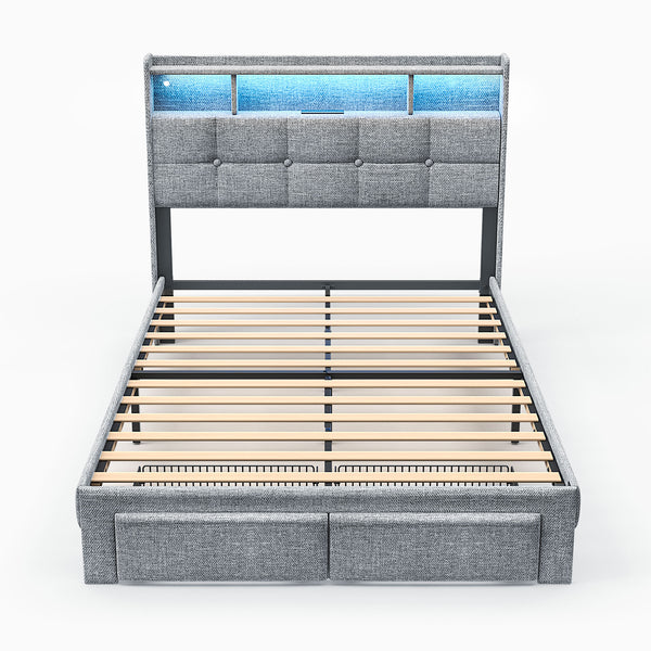 English Elm Full LED Linen Bed Frame with Headboard Storage, 2 Drawers, Fast Charging Ports & Nightlight Ambiance W1550P190364