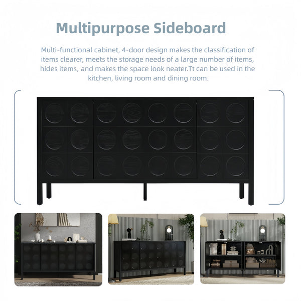 English Elm Stylish Geometric Circle Door Sideboard Cabinet with MDF Solid Wood Legs Adjustable Shelves Black W2696P256250