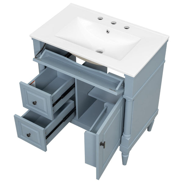 English Elm 30" Freestanding Bathroom Vanity Rubberwood Frame Ceramic Sink Flip Drawer Storage Blue+Grey N725P356062E