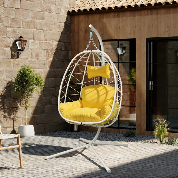English Elm Hanging Egg Chair with Stand Pe Wicker Ergonomic Swing Seat for Patio or Bedroom T5880P497558