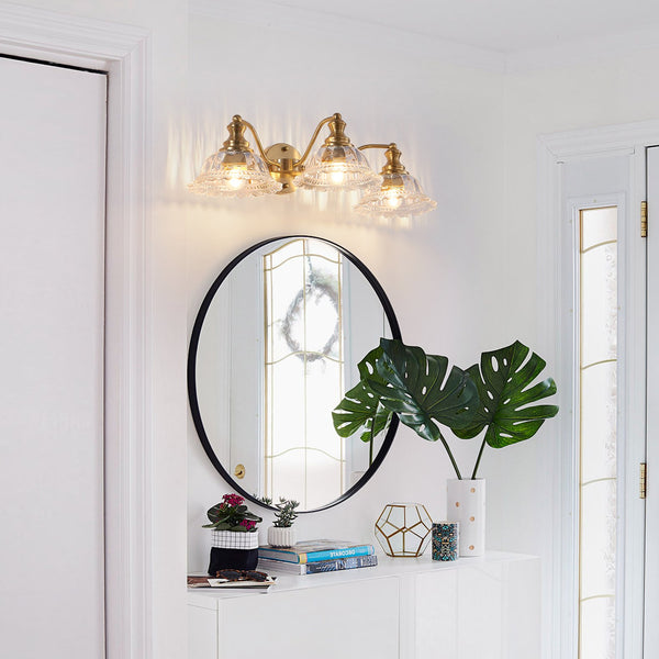 English Elm 24 Vintage 3-Light Bathroom Wall Sconce with Iron and Glass Shades - Elegant Vanity Fixture for Mirror Gold W1340P284603