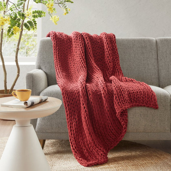 JLA Home Madison Park - Hand Made Throw Blanket: Ultra-Soft Double-Knit Acrylic Throw with Modern Boho Style, OEKO-TEX Safe Cozy Gift Red MP50-8216