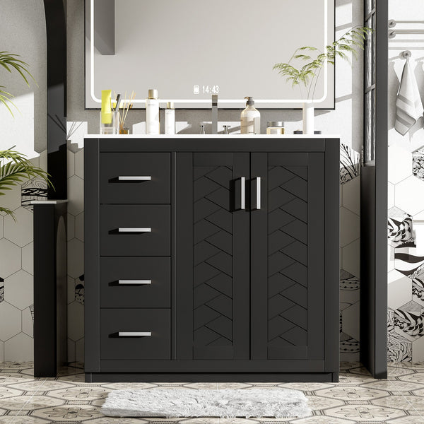 English Elm 36'' Bathroom Vanity with Ceramic Sink Combo, Solid Wood Frame, Soft-Close Drawers and Stylish Retro Groove Design Black N710P291684B