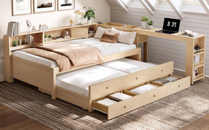 English Elm Twin Daybed Pine Frame with Trundle Desk Hutch Shelves and Storage for Kids Rooms Golden W1580S00460
